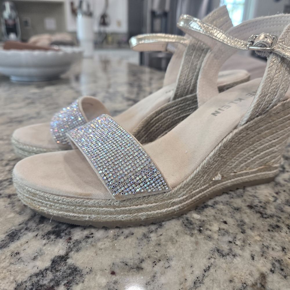 Anne Klein Silver Rhinestone Espadrille Sandals - Gold Straps. - Picture 3 of 6